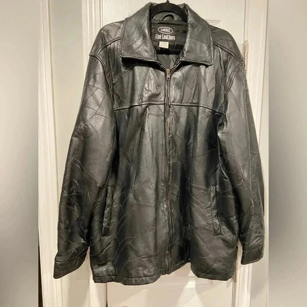 LeWorld Fine Leathers Men’s 100% Black Leather Stitched Patchwork Jacket Size XL